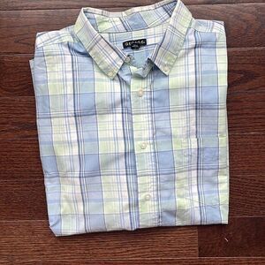 George Mens Button Up Shirt Short Sleeve Plaid Pocket Blue Green‎ Size XL 46-48
